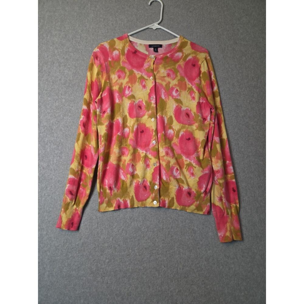 Lands' End Watercolor Floral LS Fine Gauge Cotton Button Up Cardigan Medium